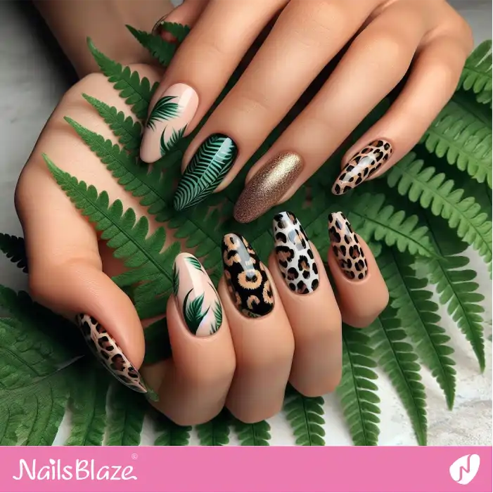 Animal Print and Fern Tropical Nails | Nature-inspired Nails - NB1561
